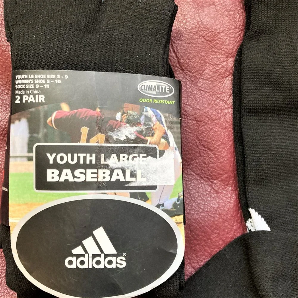 NWT 2 PR Sock Athletic Baseball Adidas,Youth L Knee High Black Women Equiv 9-11